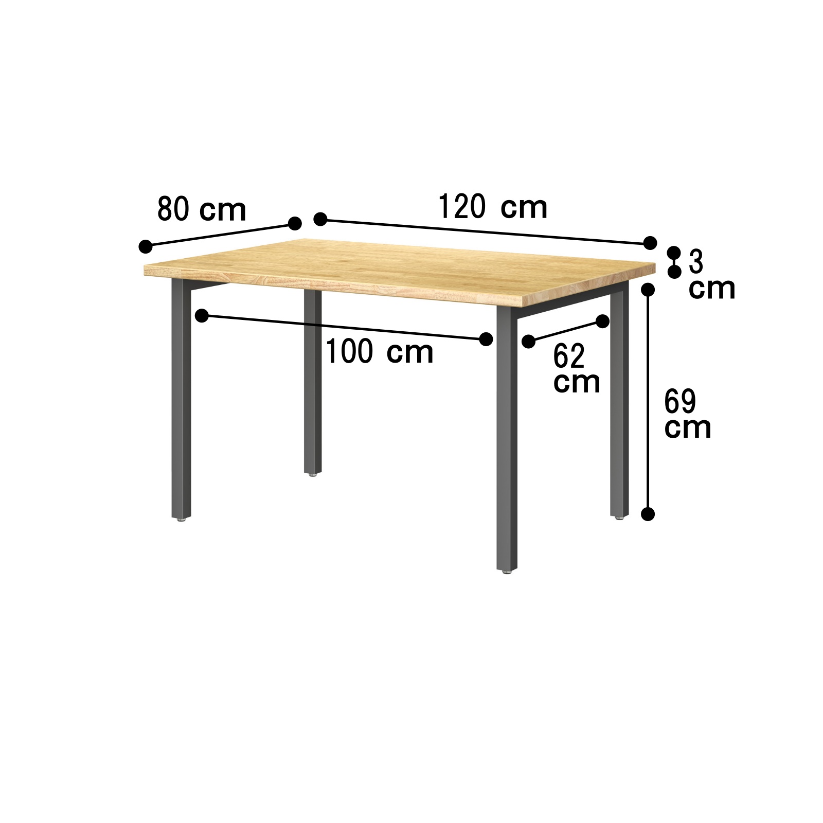 TSUNAGITE / ラバーウッド × スチール脚 テーブル 無垢材 国産 120cm × 80cm 【受注生産】 ストレート サイズ