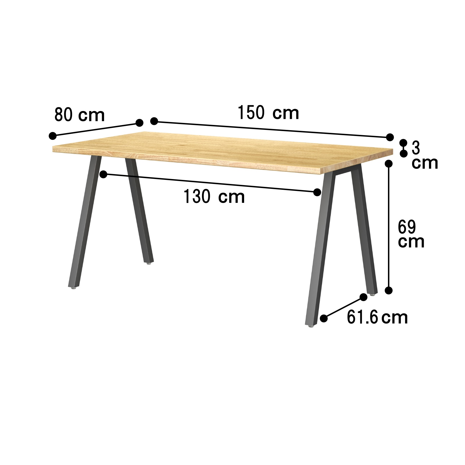 TSUNAGITE / ラバーウッド × スチール脚 テーブル 無垢材 国産 150cm × 80cm 【受注生産】 Ａライン サイズ