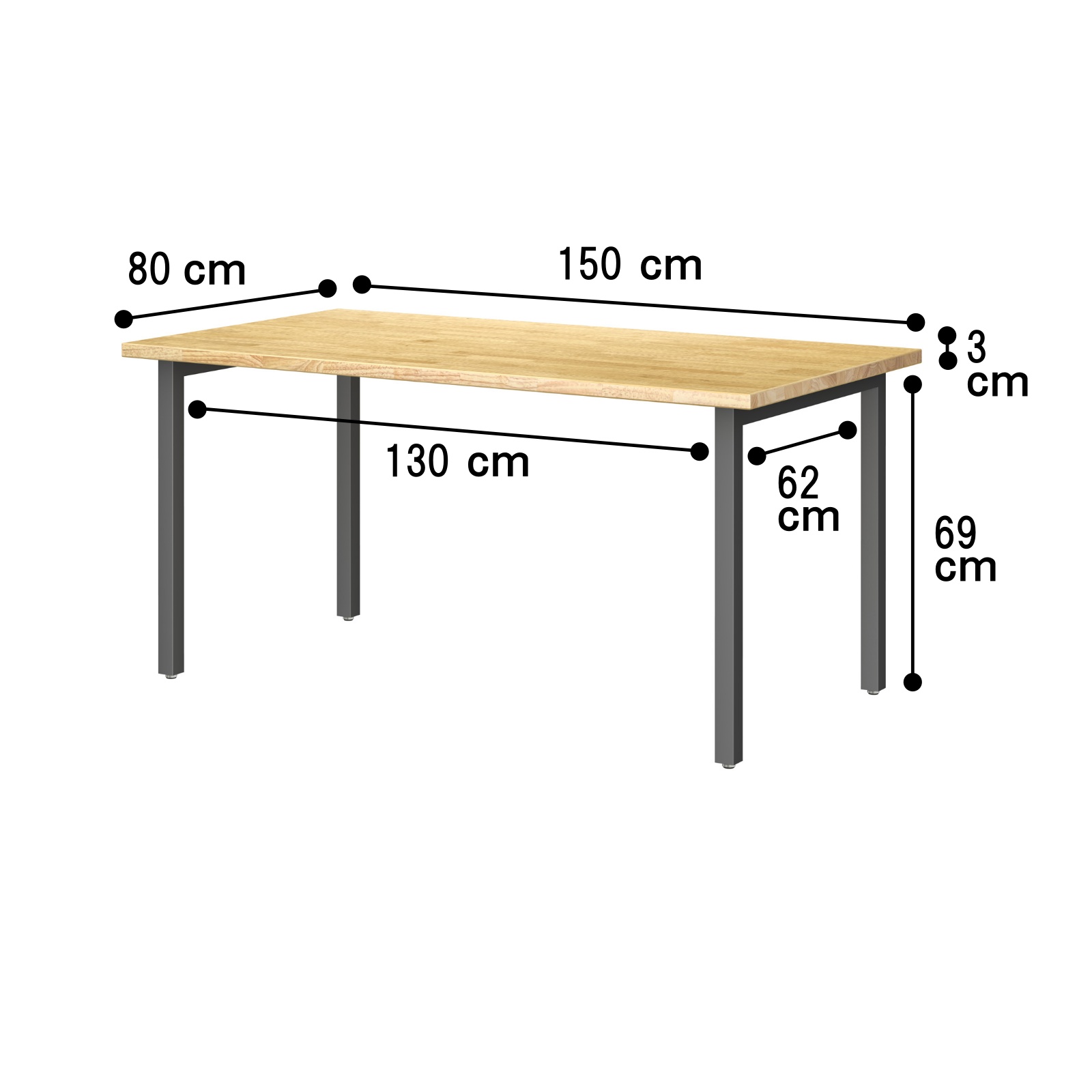 TSUNAGITE / ラバーウッド × スチール脚 テーブル 無垢材 国産 150cm × 80cm 【受注生産】 ストレート サイズ