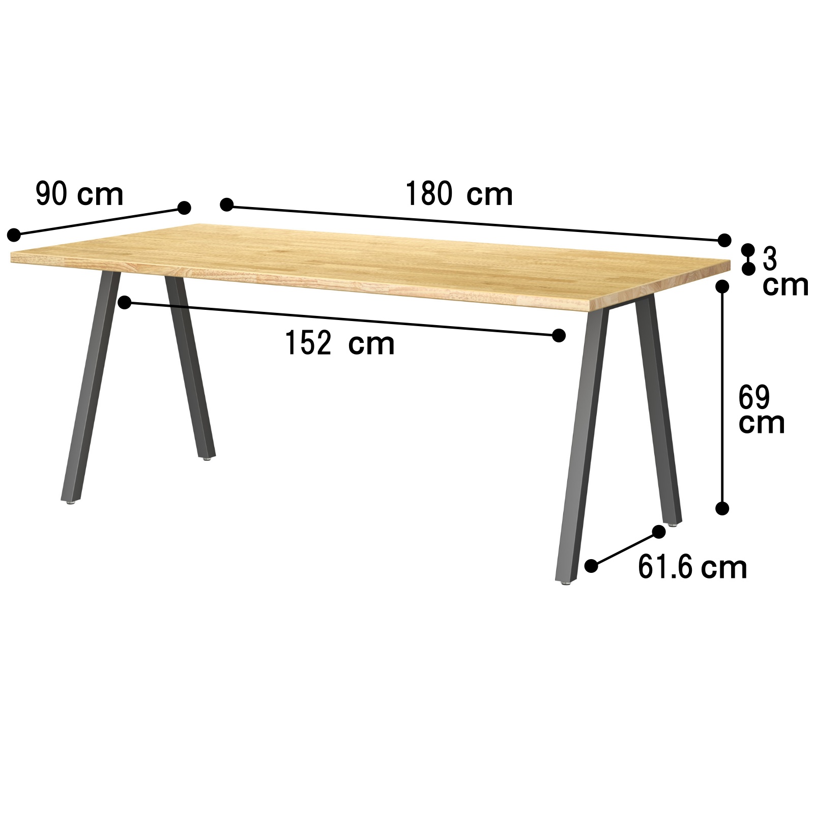 TSUNAGITE / ラバーウッド × スチール脚 テーブル 無垢材 国産 180cm × 90cm 【受注生産】 Ａライン サイズ
