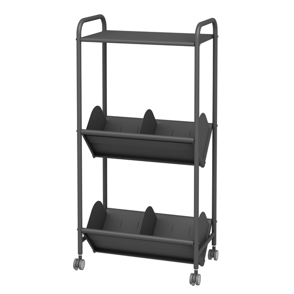 天板付ブックラックワゴン 仕切り9枚 50mmキャスター 2段 サテンブラック